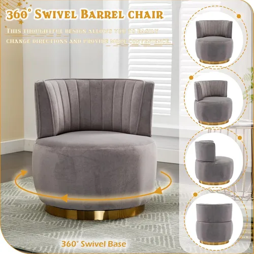 Vista 4 de Silla giratoria de terciopelo, sillón giratorio tapizado de 360 grados, moderno y cómodo sillón redondo para sala de estar pequeña, dormitorio Gris