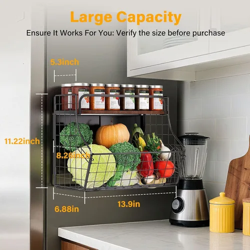 Vista 2 de MOJOHAND Estante magnético para refrigerador con tapa de madera, papelera de almacenamiento de papas y cebollas, organizador y almacenamiento