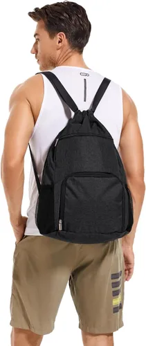 Vista 4 de Mochila con cordón con bolsillo para ropa húmeda y compartimento para zapatos, resistente al agua, para deportes, gimnasio, natación, bolsa