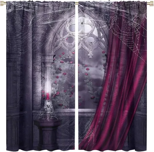 Vista 11 de Cortinas opacas góticas, diseño de calavera de terror de palacio retro, fondo de rosas rojas, sala de estar, dormitorio, cocina, cortinas de ventana