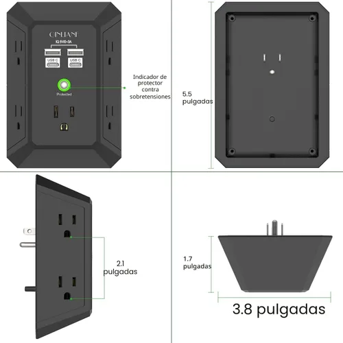 Vista 7 de QINLIANF cargador USB de pared, protector contra sobrecargas, extensor de 5 tomas con 4 puertos de carga USB (4.8 A en total), 3 lados, 1,680 J
