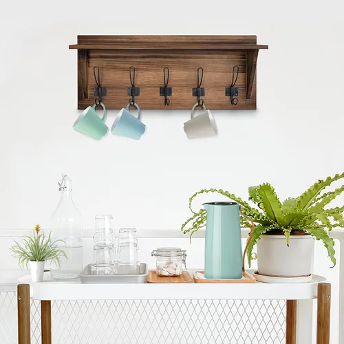 Vista 5 de HBCY Creations Perchero de pared de madera maciza color marrón rústico con estante, 5 ganchos, 24 pulgadas de largo, cocina, vestíbulo, entrada