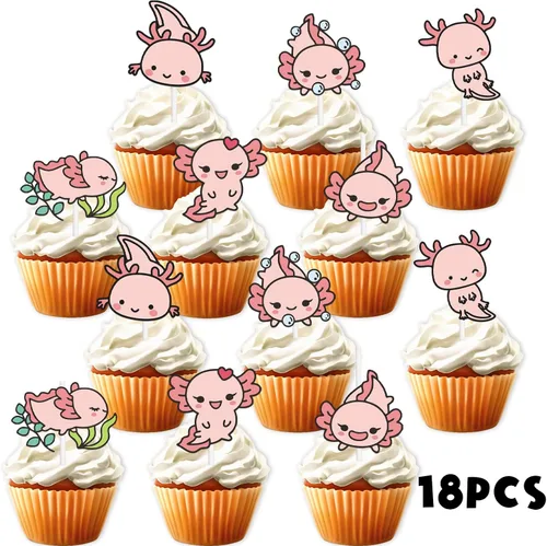 Vista 2 de 18 piezas de decoración de postre de ajolote rosa con purpurina, diseño de animales de dibujos animados, baby shower, niñas y niños, decoración