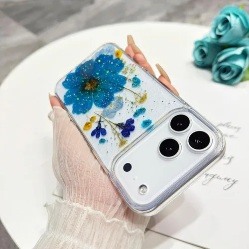 Vista 3 de Funda floral para iPhone 17 con flores reales prensadas, bonito diseño de flores secas prensadas transparentes con purpurina para mujer, suave TPU