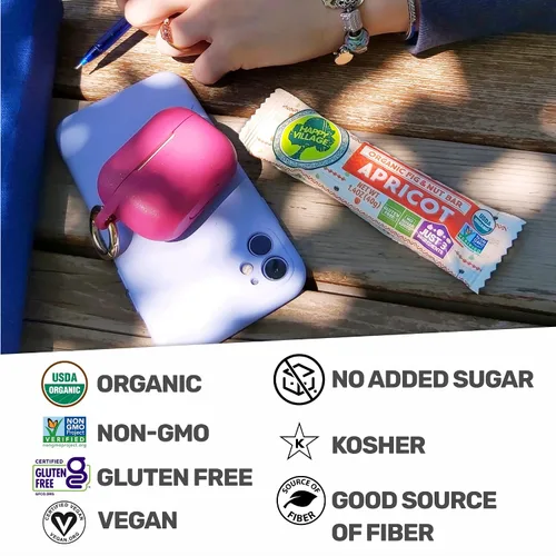 Vista 5 de Happy Village Barra orgánica de higo y nueces, APRICOT, solo 3 ingredientes, sin gluten, sin azúcar añadida, Kosher, sin OMG, vegana, buena fuente