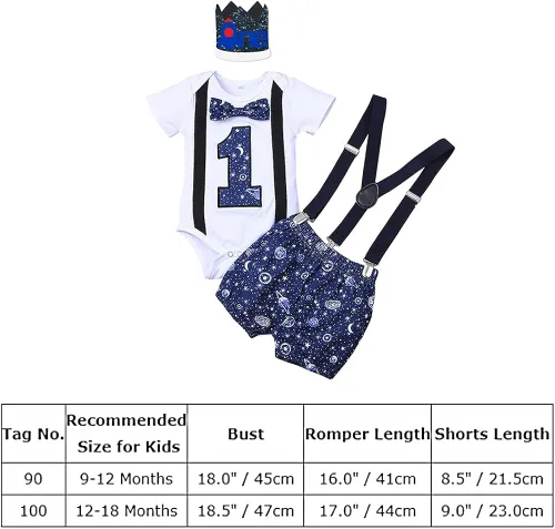Vista 7 de IMEKIS Mameluco para bebé niño con diseño espacial para primer cumpleaños + pantalones cortos con tirantes, astronautas y accesorios para fotos