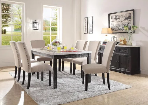 Vista 7 de Juego de muebles de cocina con tapa de mármol blanco juego de mesa de comedor de madera (mesa redonda+6 sillas)