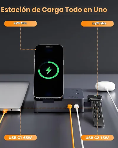 Vista 6 de TESSAN Magic 65W Charging Station USB Phone Charger with Wireless Charging Black