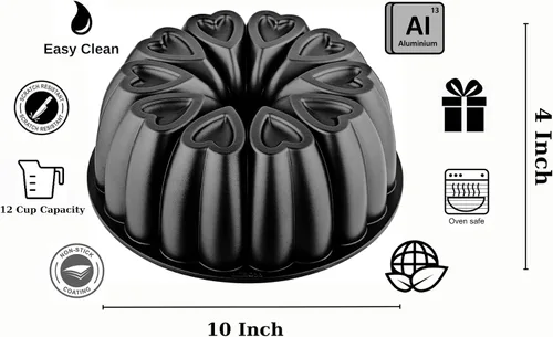 Vista 2 de Molde para Pastel de Aluminio Fundido en Forma de Corazón, Revestimiento de Titanio, Antiadherente, 12 Tazas, Resistente, Molde de 10 Pulgadas