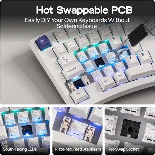 Vista 6 de MechLands Feker Alice98 Teclado mecánico ergonómico personalizado de 98 teclas, VIA programable, teclado para juegos con cable USB-C, intercambiable