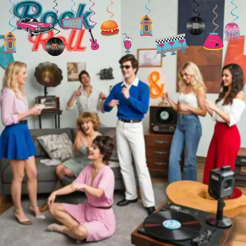 Vista 5 de Decoraciones para fiestas de los años 50, retro de los años 50, remolinos colgantes de música rock and roll, ensamblados y listos para usar