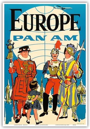 Vista 10 de Europa – Pan American World Airways – Guardia suiza pontificia británica Yeomen of the Guard – Póster vintage de viaje de aerolínea c.1950s