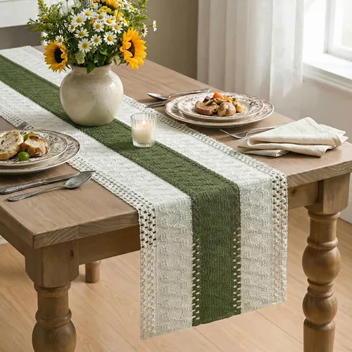Vista 4 de Artoid Mode Camino de Mesa Rústico de Granja Verde Militar, Decoración Estacional Navideña de Mesa de Cocina y Comedor Hueca para Decoración