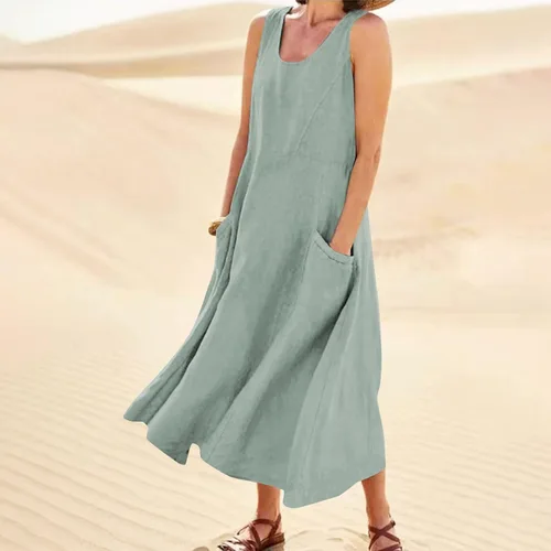 Vista 3 de Vestido largo para mujer, 2023, primavera, verano, algodón, lino, bohemio, casual, a la moda, sin mangas, para vacaciones