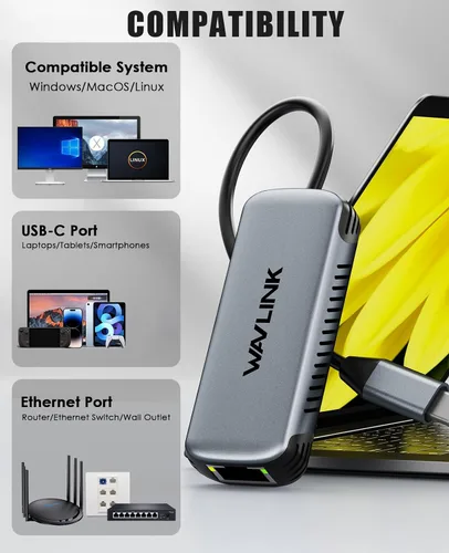 Vista 6 de WAVLINK Adaptador USB C a Ethernet de 5 Gbps, convertidor de red USB-C a RJ45 de 5000 Mbps, carcasa de aluminio para Windows, Mac OS, iPad OS y más