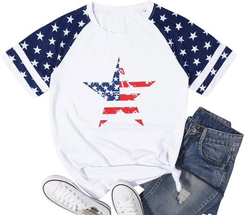 Vista 6 de BANGELY - Camiseta de la bandera americana, camisas patrióticas, camisa de veteranos, raglán, manga corta, rayas y estrellas