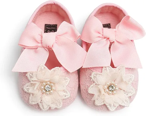 Vista 4 de QWZban Baby Girls Mary Jane Flats with Bowknot Flowers Soft Newborn Infant First Walkers Crib Shoes Wedding Party Christmas Dress Shoes