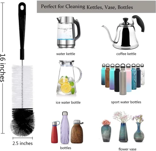 Vista 3 de ALINK Juego de 8 cepillos de limpieza de botellas, limpiador de botellas negras de mango largo para lavar botellas estrechas