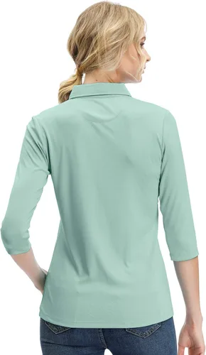 Vista 3 de Camisas de golf de manga 34 con cuello en V para mujer, absorben la humedad, camisetas de punto de rendimiento, fitness, entrenamiento, deportes