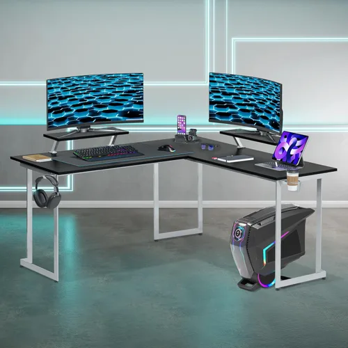 Vista 2 de Techni Sport Warrior - Escritorio para juegos en forma de L con panel de MDF, escritorio para computadora con marco de acero resistente a