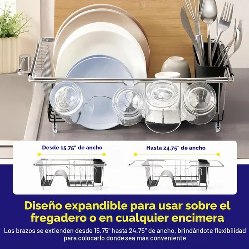 Vista 2 de Escurridor de platos extensible sobre el fregadero a 24.5 pulgadas, estación de secado extensible rectangular de cocina que ahorra espacio