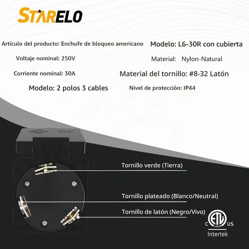 Vista 2 de STARELO Receptáculo de bloqueo de 30 amperios para generador NEMA L6-30R con cubierta, 250 voltios, 2 polos, 3 cables, resistente a la intemperie