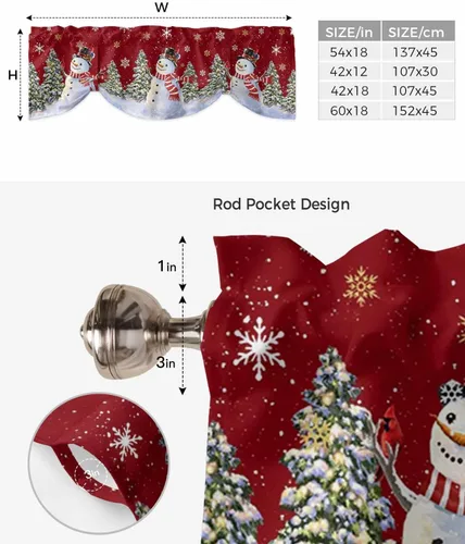 Vista 7 de Cortinas de cocina de Navidad, cenefa semitransparente ajustable con lazo, muñeco de nieve, copo de nieve, bolsillo para barra, tratamiento