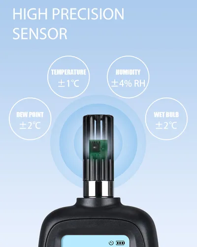 Vista 3 de Wintact Medidor digital de temperatura y humedad, termómetro higrómetro monitor con punto de rocío y temperatura de bombilla húmeda, luz de fondo