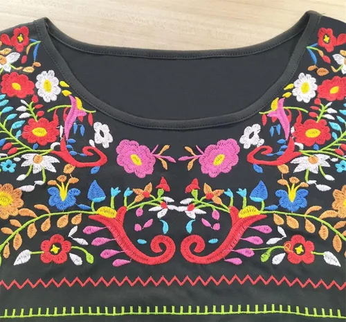 Vista 3 de Blusas bordadas mexicanas para mujer, de manga corta, para fiesta, blusas florales campesinas