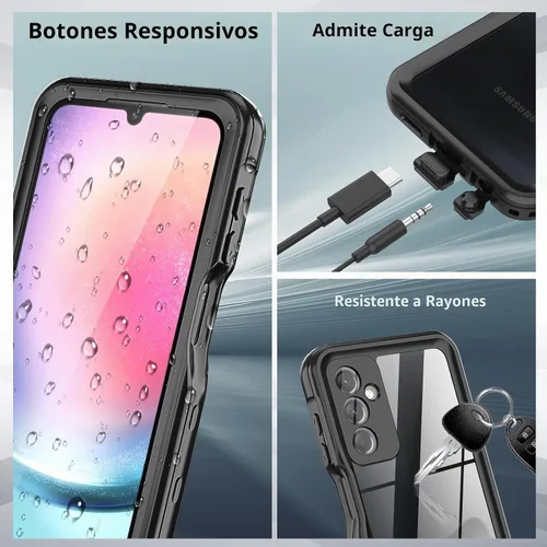 Vista 6 de Funda impermeable para Samsung Galaxy A24 4G, con protector de pantalla integrado, a prueba de polvo, a prueba de golpes, resistente, con soporte