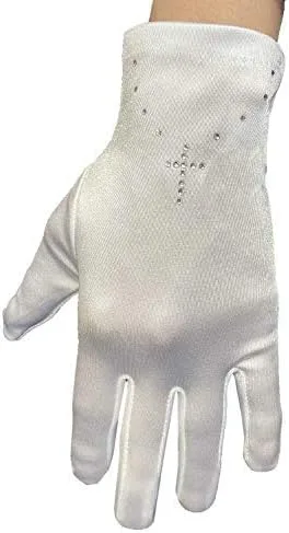 Vista 3 de Guantes de Primera Comunión Rosa Princesa para Niñas Diseño Cruz Rhinestone para Primera Comunión