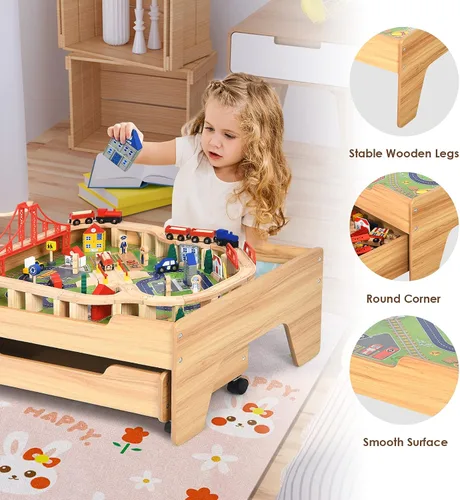 Vista 5 de HONEY JOY Mesa de tren, mesa de actividades de madera para niños con cajón de almacenamiento, 100 piezas multicolores, pistas, trenes, autos, juego