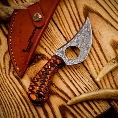Vista 7 de Predator Hunter - Cuchillo de damasco hecho a mano con funda de cuero, para desollar, acampar, al aire libre, cuchillos de bushcraft EDC de hoja
