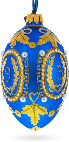 Vista 2 de 1893 Cáucaso en cristal de huevo real azul adorno 4 pulgadas Hand Painted in Ukraine, German Glass, Italian Paints, Hanging Ribbon, Gift Tag, Gift