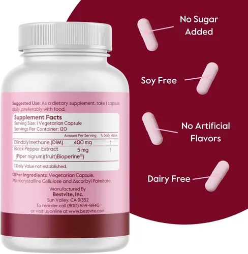 Vista 3 de BESTVITE DIM (diindolilmetano) 400 mg con bioperina (120 cápsulas vegetarianas) - Sin estearatos - Sin gelatina - Vegano - Sin OMG - Sin gluten