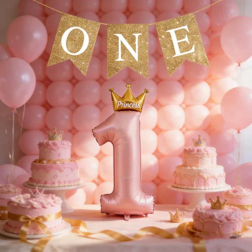 Vista 3 de Decoraciones de primer cumpleaños para niñas, globos rosas de princesa