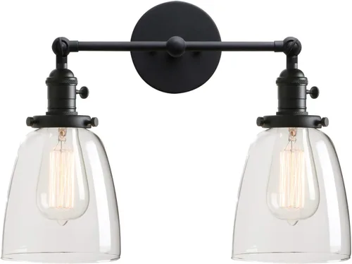 Vista 7 de PERMO Aplique doble vintage industrial antiguo 2 luces apliques de pared con cono ovalado pantalla de vidrio transparente (antiguo)