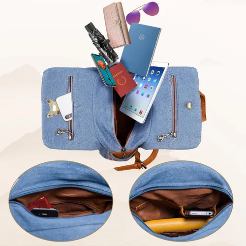 Vista 6 de Jursccu Mochilas de lona floral bordadas de mezclilla para mujer, antirrobo, retro, estilo étnico, bolsa de hombro, Jean Azul Claro, MochilaBolso
