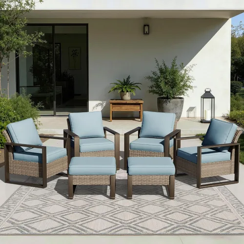 Vista 29 de Joyside - Sofá de mimbre para patio al aire libre, sofá de ratán de 3 plazas con cojines gruesos de olefina y reposabrazos rectangular con marco