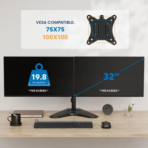 Vista 4 de Mount-It! Soporte de monitor doble para escritorio, soporte de monitor independiente para 2 pantallas de hasta 32 pulgadas, altura ajustable