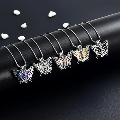 Vista 6 de Always in My Heart - Collar de urna de cremación de mariposa ahuecada para cenizas para mujeres, recuerdo conmemorativo, Metal, Acero inoxidable