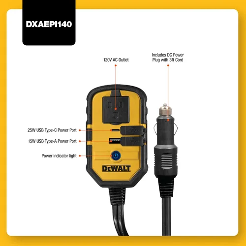 Vista 2 de Inversor de corriente DeWalt DXAEPI140 de 140 W con dos puertos USB: de 12 V de CC a 120 V de CA