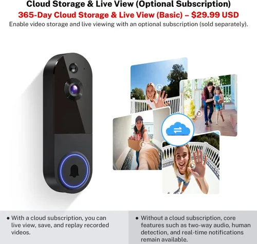Vista 7 de Cámara de timbre de video inalámbrica de 1080p, vista en vivo, visión nocturna, audio bidireccional, almacenamiento en la nube, detección
