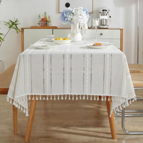 Vista 12 de meioro Mantel rústico, mantel rectangular de algodón texturizado de lino con borla, mantel de tela resistente para granja con bordado de rayas