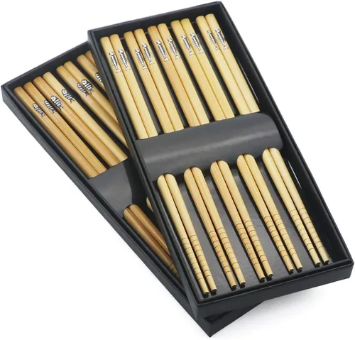 Vista 2 de Juego de 5 pares de palillos de bambú, reutilizables, estilo japonés, antideslizantes, juego de palillos clásicos de bambú natural, aptos