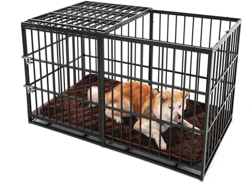 Vista 8 de Jaula para perros de acero al carbono resistente con puertas dobles, bandeja de ABS extraíble, acabado resistente al óxido para razas grandes