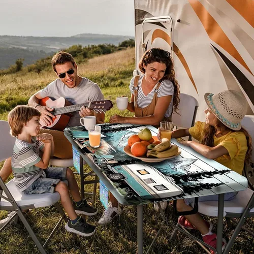 Vista 3 de Funda para Mesa de Picnic con Fundas para Bancos y Bolsa, Campista de Madera Impermeable Resistente al Viento, Cubierta de Mantel Ajustada con Borde