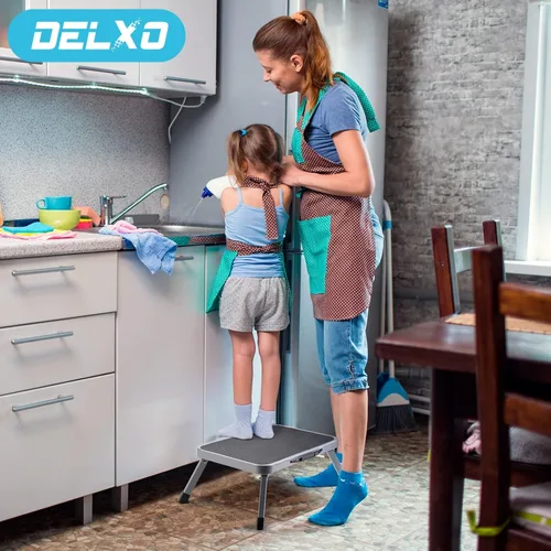 Vista 2 de Delxo Taburete Escalón Plegable - Metal de Un Escalón para Adultos, Resistente, Capacidad Máxima de 330 libras, Antideslizante para RV, Cocina