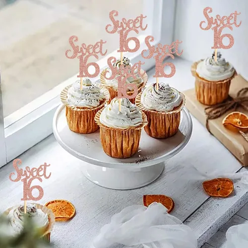 Vista 6 de Ercadio Paquete de 24 adornos para cupcakes con purpurina de oro rosa para 16 niños, 16 años, aniversario, fiesta, decoración de pasteles