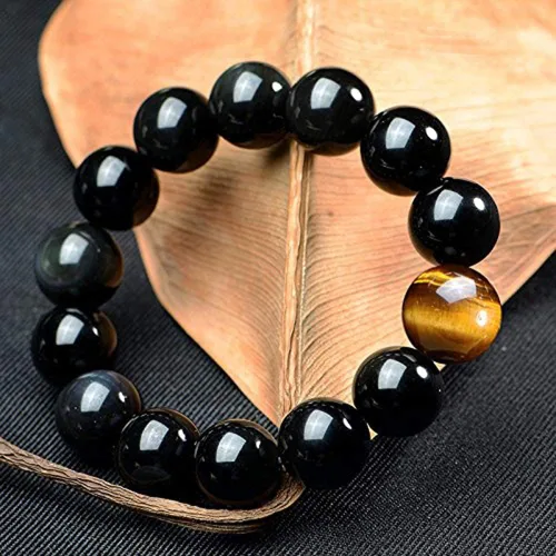Vista 4 de SX Commerce Pulsera de obsidiana natural negra de piedra natural de 0.394in o 0.472in con un ojo de tigre único, buen regalo para hombres y mujeres